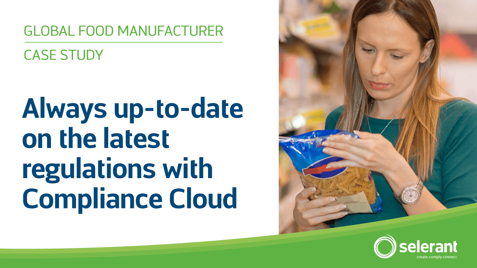 Always up-to-date on the latest regulations with Compliance Cloud feature image: Woman looking at label of bagged pasta